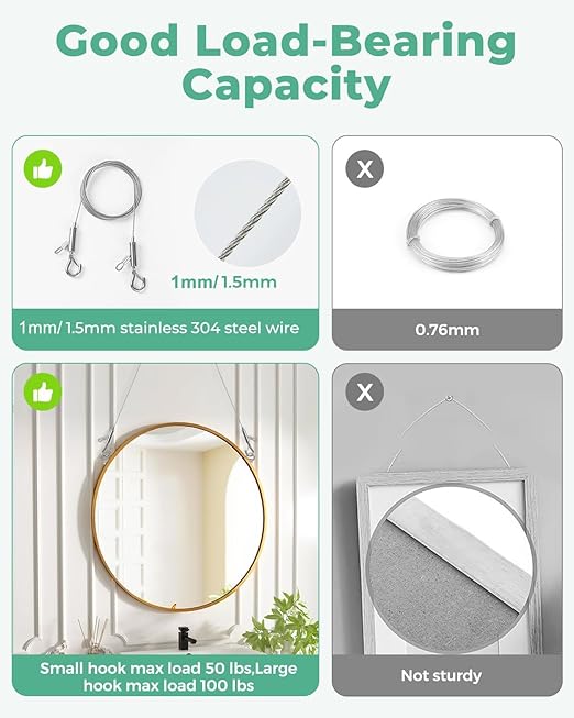 2PCS Adjustable Picture Hanging Wire 1m x 1.5mm Large Hooks, Picture Frame Wire Kit Heavy Duty 100lbs, Stainless Steel for Art, Mirror, Light Lamp, Billboards, Basket Flowerpot