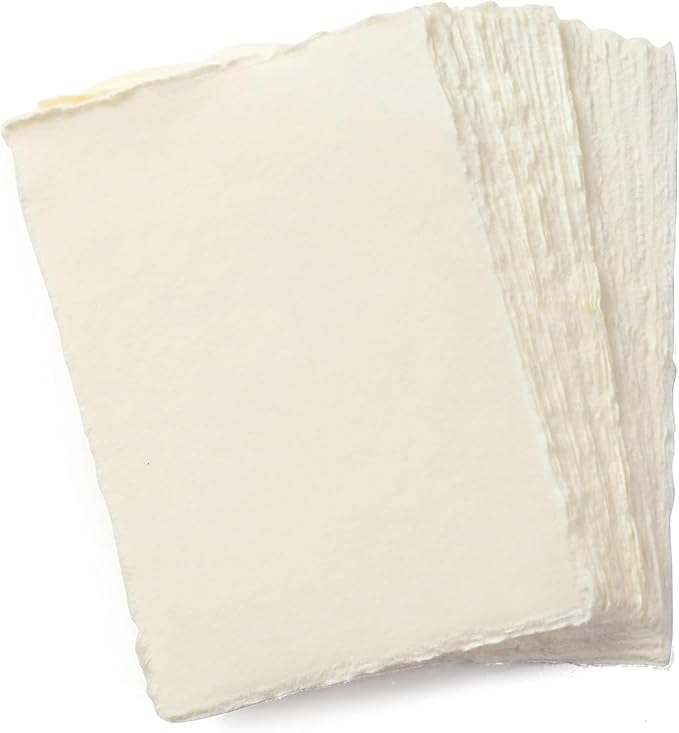 Wanderings Handmade A6 Cream Mixed Media Paper with Deckle Edge - 4x6-150 GSM -Colored Cold Press Textured Paper Made with Recycled Cotton for Crafts Card Making Sketching Watercolor - 50 Sheets