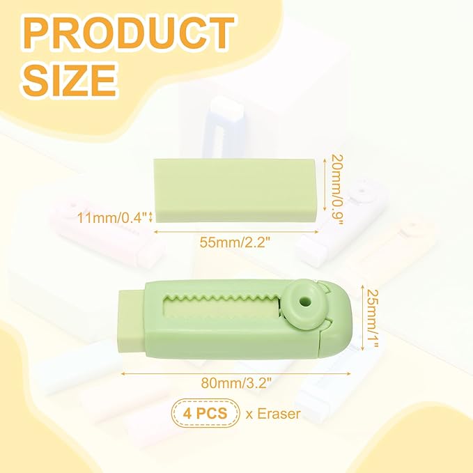 PATIKIL 4 Pack Erasers, Sliding Retractable Eraser Push Pull Cute Pencil Erasers Soft Large Easy to Clean with Plastic Sleeve for Sketching Drawing Artists Teacher Pencils, Cyan