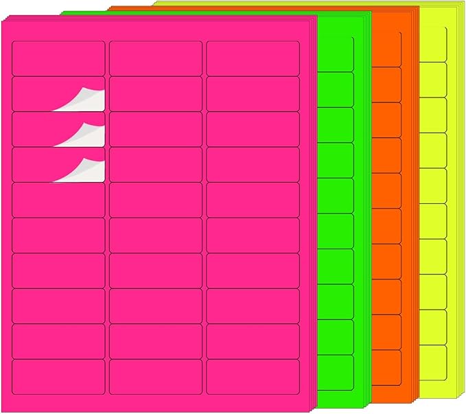 STARLIBOO 1" x 2-5/8" Neon Colored Labels Stickers Fluorescent Bright Neon Color Address Labels for Laser/Inkjet Printer, Permanent Adhesive- 600 Pcs/ 4Colors