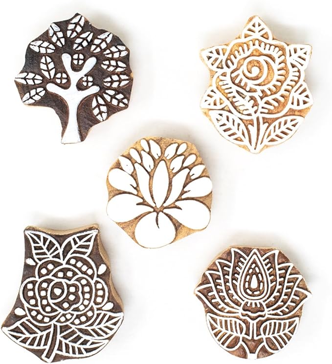 Floral Wood Printing Stamp Block for Printing Saree Border Dresses Craft Card Making Scrapbook Clay Pottery (Set of 5) Hashcart®
