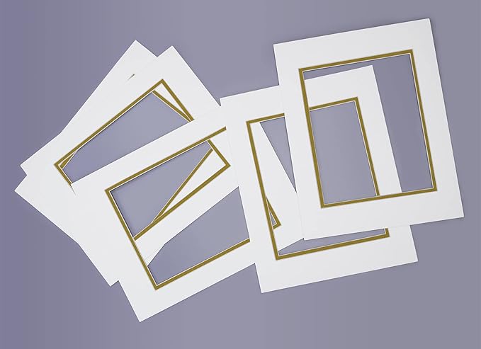 Golden State Art, 11x14 Double Mats for 8x10 - for Photos, Pictures, Frames - Acid-Free, 5 Pack, Off White Over Old Gold