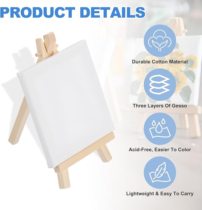 MECCANIXITY Canvas Boards for Painting with 6.3" Mini Easel Kit, 4x4 Cotton Blank Primed Art Canvas Panels Acid-Free for Painting Supplies Oil Acrylic Tempera Paint(White, Set of 6)
