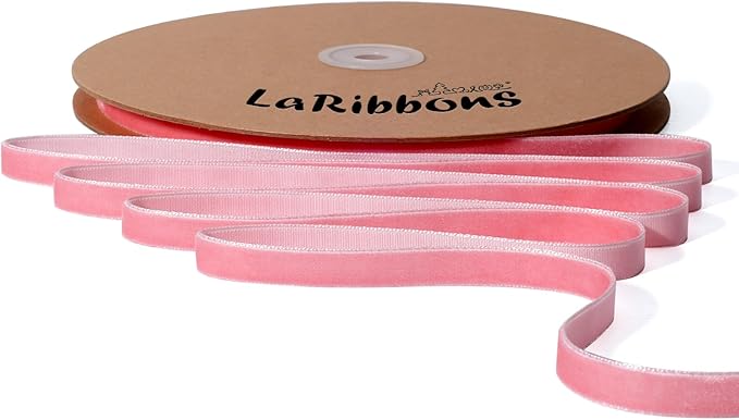 LaRibbons Thin Velvet Ribbon 3/8 Inch x 25 Yards, Pink Velvet Ribbon for Christmas Tree, Gift Wrapping, Wreath Bow, Outdoor Decoration