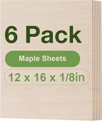 6 Pack Maple Plywood Sheets, 12 x 16 x 1/8 Inch, 3mm Plywood for Laser Cutting, Thin Unfinished Wood Sheets for Architectural Models, Wood Burning and DIY Wood Crafts