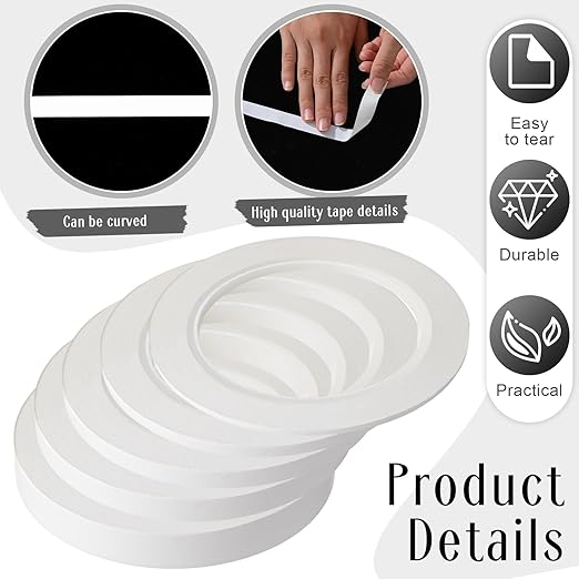 Xuniea 5 Rolls of Vinyl Tape Masking Tape Automotive Car Auto Paint for Curves, High Temperature Vinyl Low Tack(White,1/16, 1/8,1/4, 1/2, 3/4 Inch)