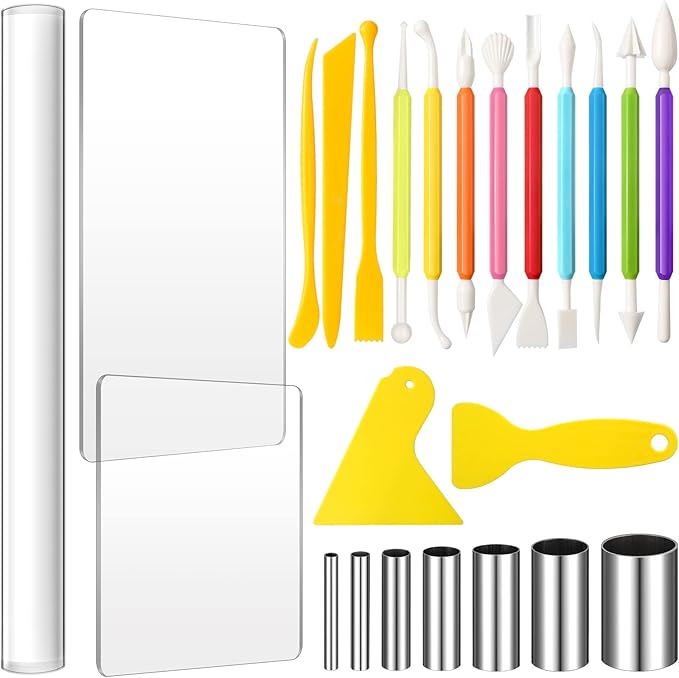 Honoson 24 Pcs Clay Sculpting Tools Kits Polymer Clay Tools DIY Set with Roller, Acrylic Sheet, Scraper Backing Board, Round Circle Shape Cutter, Shaping for Art Craft(Colorful)