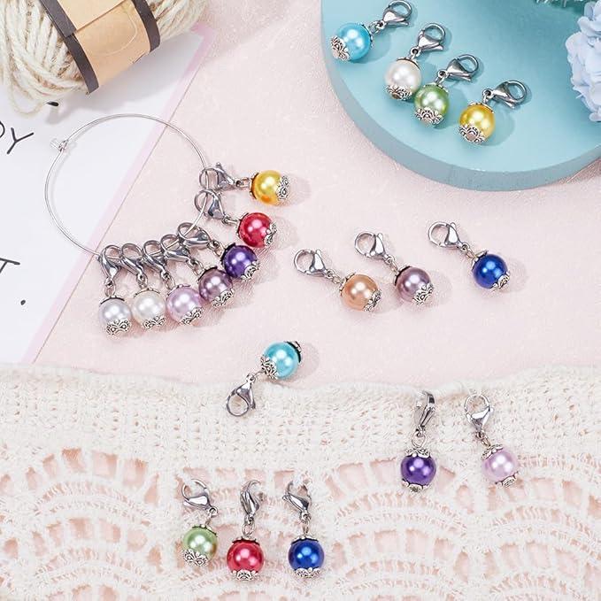 SUNNYCLUE 1 Box 24Pcs Locking Stitch Marker Knitting Markers Charms Glass Pearl Locking Stitch Markers Lobster Claw Clasps Knitting Charms for Knitting Weaving Sewing Needleworks Women Adult DIY Craft