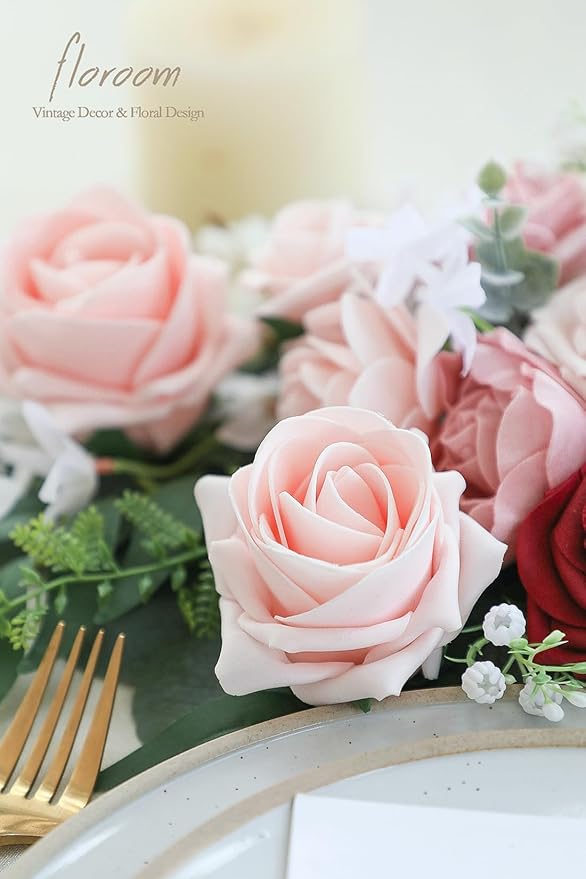 Floroom Artificial Flowers 20pcs Real Looking Blush High-Centered Foam Fake Roses with Stem for DIY Wedding Bouquets Pink Bridal Shower Centerpieces Floral Arrangements Party Tables Home Decorations