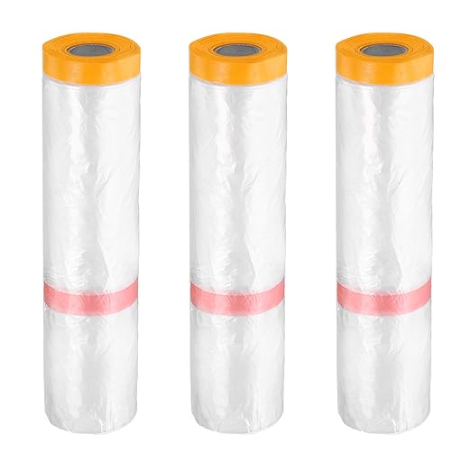HARFINGTON 3 Rolls Pre-Taped Masking Film 157.5" x65.6ft Double Adhesive Tape and Drape Painters Plastic Drop Cloth Film with Tape Plastic Sheeting for Automotive Painting Covering