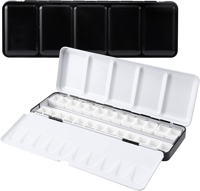 LOONENG Metal Watercolor Tin with Fold-Out Palette, Medium Tray Palette with 26 Empty Half Pans for Plein Air, Acrylic and Oil Painting