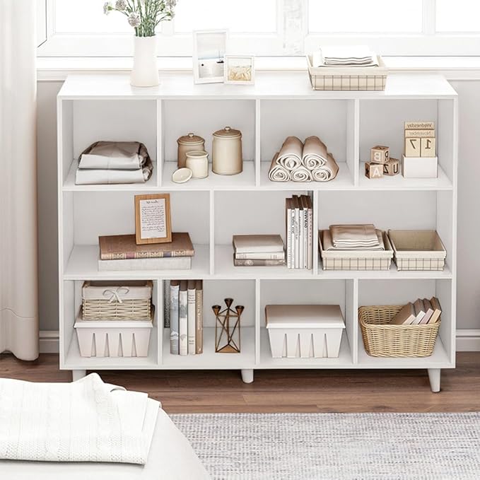 IOTXY Open Cube Low Bookcase - 3-Tier Freestanding Storage Display Cabinet Organizer with Legs for Home Office, 11-Cubes Open Shelf Short Bookshelf, White