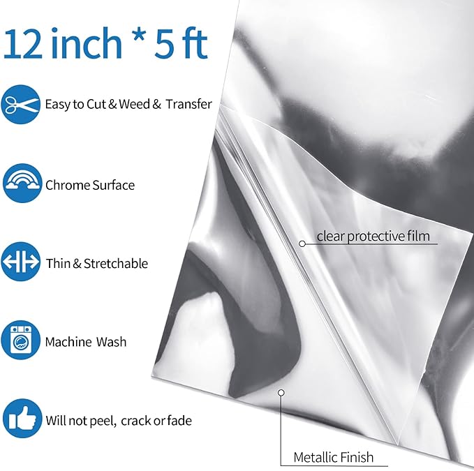 VINYL FROG Metallic Foil HTV Vinyl Roll 12" x5ft Silver Chrome Iron on Vinyl Easy to Cut & Weed Heat Transfer Vinyl DIY Heat Press Design for T-Shirts