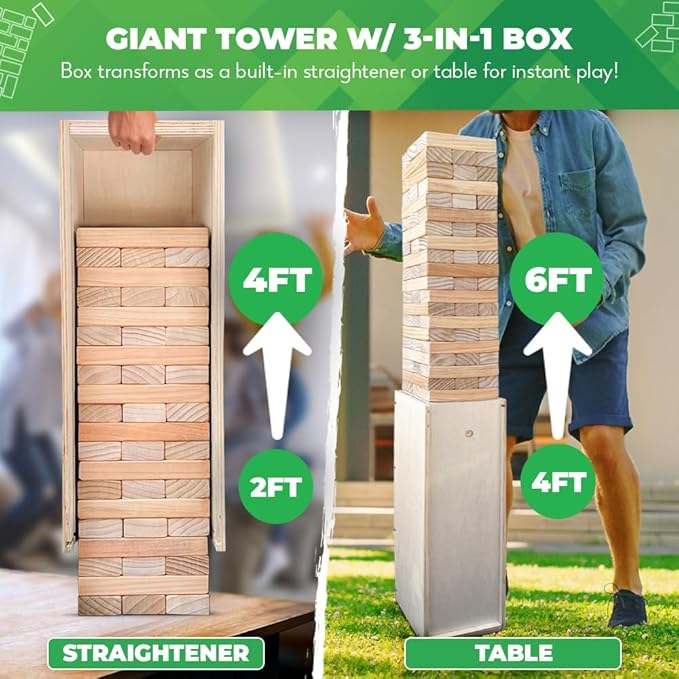 SWOOC Games® - Giant Tower Game with 3-in-1 Straightener, Table & Storage Box - 90% Faster Set Up with Transforming Box & Straightener - Starts at 2-4ft - Grows to Over 6ft - Large Outdoor Yard Games