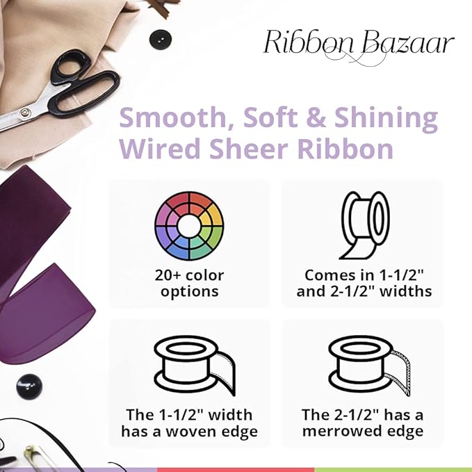 Ribbon Bazaar Sheer Organza Wired Ribbon - 100% Polyester Wire Edged Ribbon for Floral Decor, Table Arrangements, Apparel Embellishment & More - 1-1/2" Orange 25yd