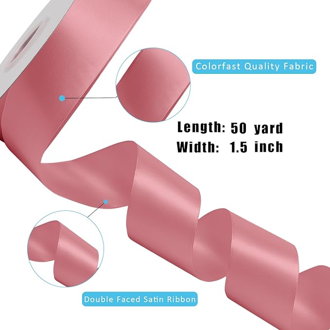 LaRibbons 1 1/2 Inch 50 Yard Double Faced Satin Ribbon,Dust Pink Satin Craft Fabric Ribbon for Gift Wrapping Floral Bouquets Wedding Party Decoration