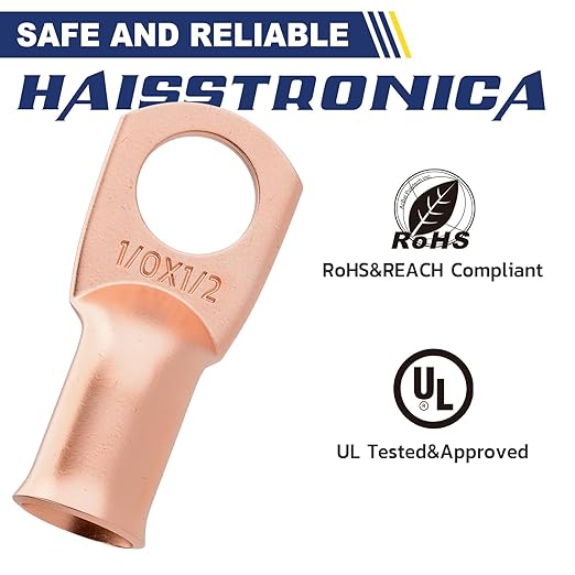 haisstronica 10pcs 1/0 AWG - 1/2" (M12) Battery Cable Lugs, Heavy Duty Copper Wire Lugs with 10pcs 3:1 Adhesive Heat Shrink Tubing,0 Gauge Wire Connectors Battery Terminal Connector,Battery Cable Ends