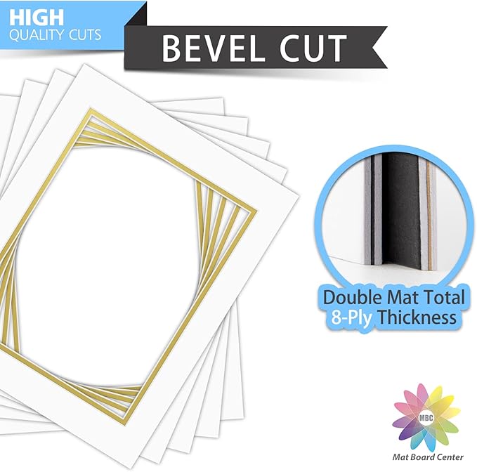 Mat Board Center, Double Mat - Acid Free, 8-ply Thickness, White Core - for Pictures, Photos, Framing (Off White Over Gold, 11x14 for 8.5x11, Pack of 5)