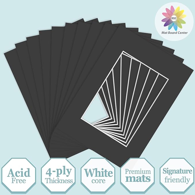 MBC Mat Board Center, 10 Pack 5x7 for 3.5x5 Black Picture Mats Frame Mattes, Bevel Cut, Acid Free, 4-ply Thickness