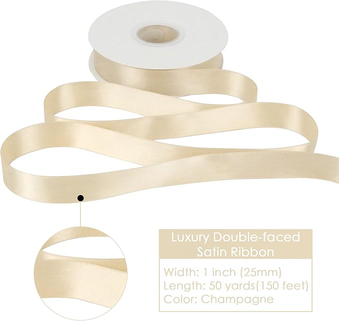 HUIHUANG Champagne Satin Ribbon 1 inch Silk Satin Ribbon 50 Yards Double Face Satin Ribbons for Wedding Decor Christmas Gift Wrapping Tree Decor Bows Bridal Floral Bouquet Invitation Card Party