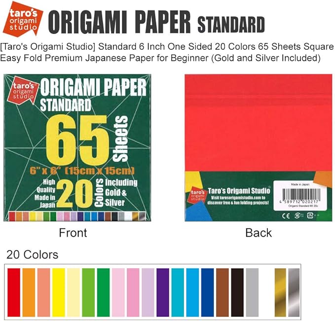 [Taro's Origami Studio] Standard 6 Inch One Sided 20 Colors 65 Sheets Square Easy Fold Premium Japanese Paper for Beginner (Gold and Silver Included) Made in Japan