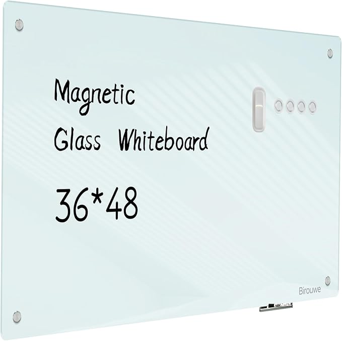 Magnetic Glass Whiteboard - Glass Dry Erase Board 48"x36" Large Frameless Board for Walls Office School and Home