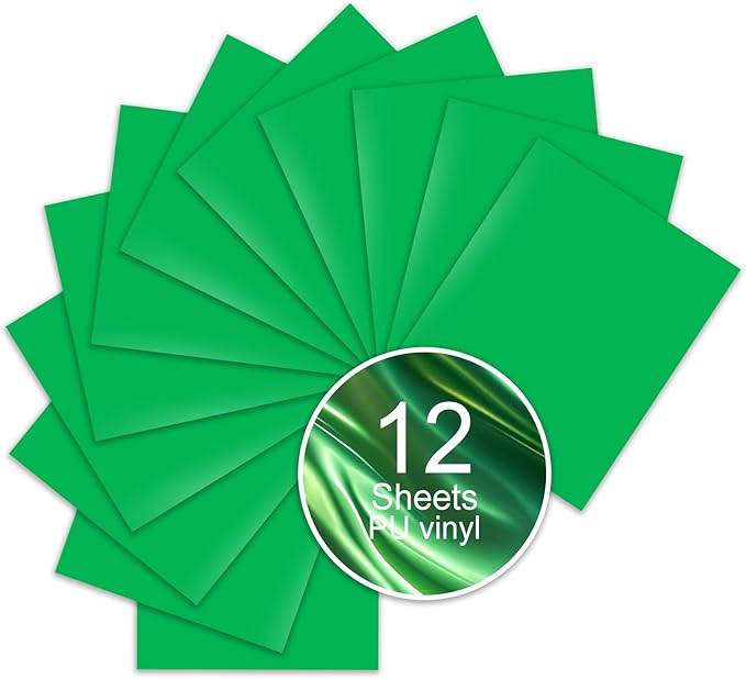 Light Green PU Heat Transfer Vinyl, 12 Pcs 12"x10" HTV Sheets – Soft & Stretchable Iron-On Vinyl, Easy to Cut & Weed, Compatible with Cricut & Silhouette – Great for DIY Family Shirts & Crafts