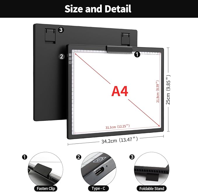 Zocelight Rechargeable A4 Light Box,led Light pad with Built-in Stand & Clip,6 Levels of Brightness Light Box for tracing,Diamond Painting.Light Table for Artists,Drawing,Sketching,Animation,X-ray