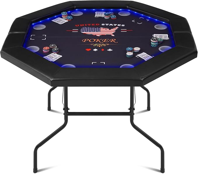 LED Poker Table Foldable, Octagon Casino Leisure Gamimg Table for 8 Player, Folding Texas Holdem Blackjack Table w/Built-in LED Light, Padded Rails & Cup Holders for Home Game Room