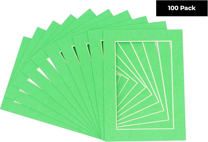 5x7 Mat for 8.5x11 Frame - Precut Mat Board Acid-Free Show Kit with Backing Board, and Clear Bags Bright Green 5x7 Photo Matte Made to Fit a 8.5x11 Picture Frame Matboard for Framing, Pack of 100 Mats