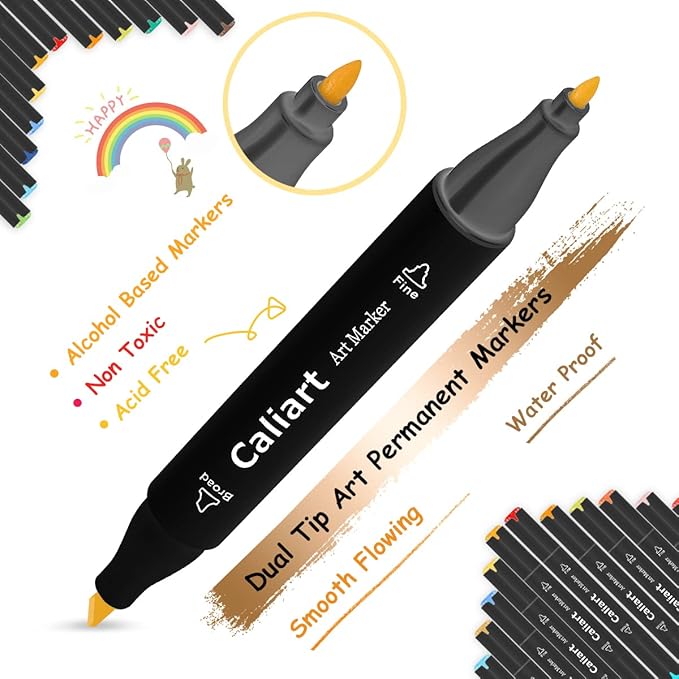 Caliart Markers, 100 Colors Dual Tip Art Markers Sketch Pens Permanent Alcohol Based, with Case for Adult Artist Halloween Drawing Sketching (Black Barrel)