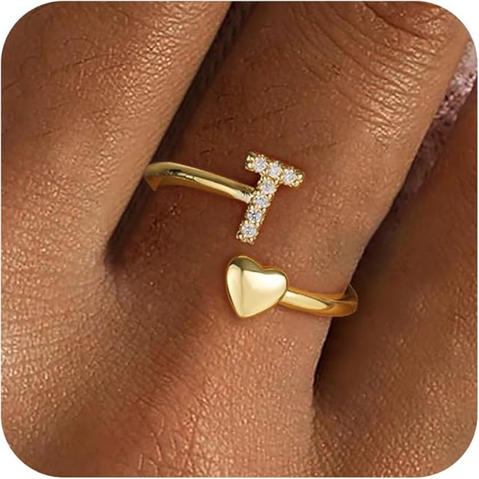 Gold Initial Rings for Women Girls, Dainty 14K Gold Plated Adjustable Initial Rings Cute Heart Zirconia Ring for Women Teen Girl Gifts