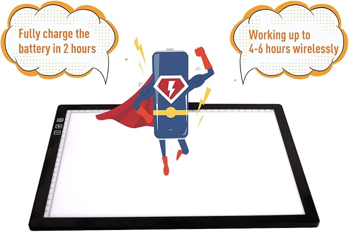 Rechargeable A4 LED Light Pad with Padded Case, Tracing Light Box w/Riser Stands and Paper Clip, 6 Levels of Brightness, Type-c Cable, Wireless Diamond Painting Light Board