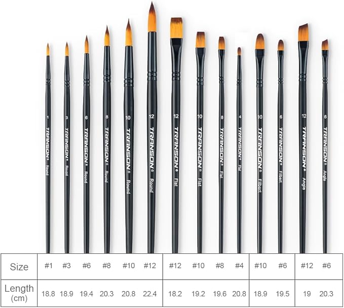 Transon 14pcs Artist Paint Brushes for Acrylic, Watercolor, Gouache, Oil and Hobby Painting Black Color