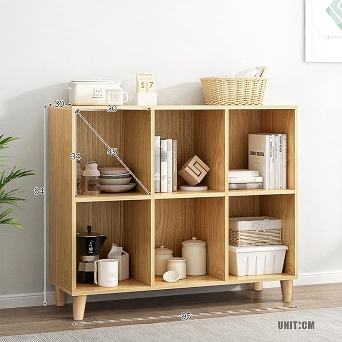 IOTXY Freestanding Open Cubes Bookcase - 2-Tier Floor Standing Wooden Storage Display Cabinet Organizer with Legs for Home Office, 6-Cubes Open Shelf Low Short Bookshelf, Oak