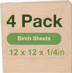 4 Pack Birch Plywood Sheets, 12 x 12 x 1/4 Inch, 6mm for Laser Cutting, Architectural Models, Wood Burning & DIY Crafts