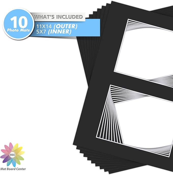 Mat Board Center, Pack of 10, Photo Picture Mats - Acid Free, 4-ply Thickness, White Core - for Pictures, Photos, Framing (11x14 for 2-5x7 Black)