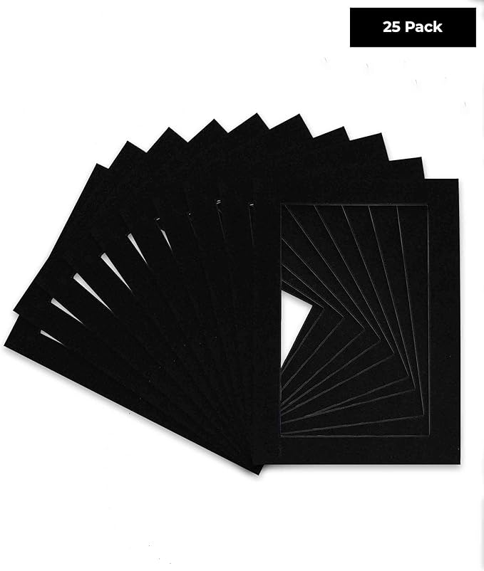 Pack of 25 Acid Free 11x14 Mats Bevel Cut for 8.5x11 Photos - Black with Black Core Precut Matboards For Pictures, Photos, Framing - 4-ply Thickness
