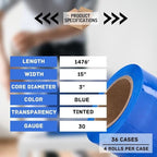 PSBM Blue Stretch Wrap, 15 Inch x 1476 Feet, 144 Pack, Tinted Pre-Stretched Shrink Wrap Film for Moving, Packaging, Pallet Wrapping