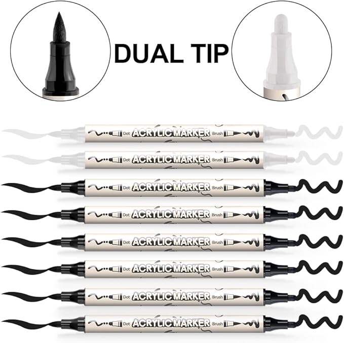 TRANSON 6 Black and 2 White Paint Markers Bold and Brush Dual-tip Acrylic Paint Marker for Rock Glass Canvas Wood Leather Ceramic DIY Painting