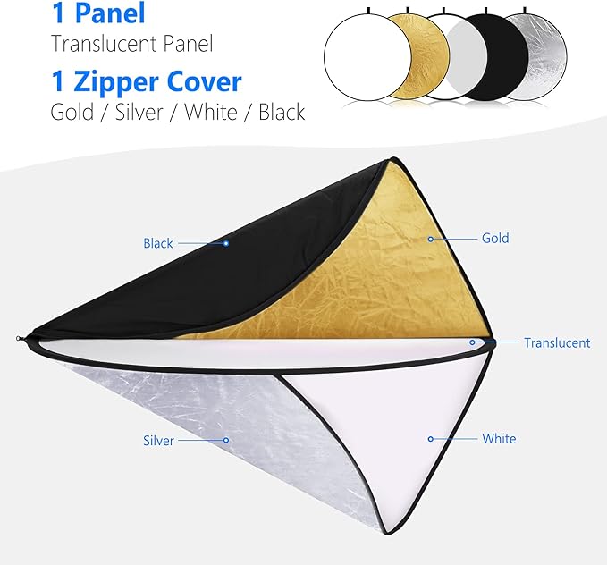 NEEWER 22 Inch/60 Centimeter Light Reflector Light Diffuser 5 in 1 Collapsible Multi Disc with Bag - Translucent, Silver, Gold, White, and Black for Studio Photography Lighting and Outdoor Lighting