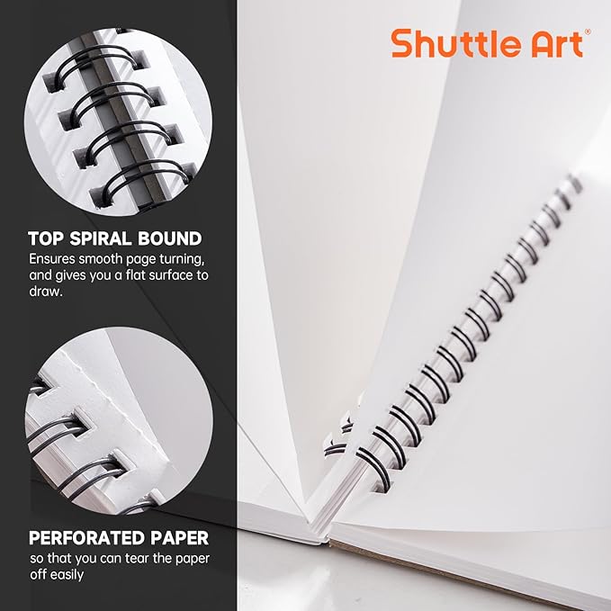 Shuttle Art Marker Pad, 12”x9” Portable Sketchbook, 70 Sheets Marker Drawing Paper, 110LB/180GSM Smooth Surface Bleedproof Art Paper, Spiral-Bound, Great for Artists to Draw, Paint & Sketch