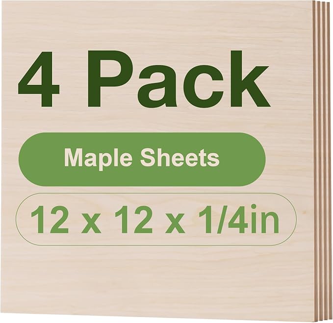 4 Pack Maple Plywood Sheets, 12 x 12 x 1/4 Inch, 6mm Plywood for Laser Cutting, Thin Unfinished Wood Sheets for Architectural Models, Wood Burning and DIY Crafts
