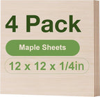 4 Pack Maple Plywood Sheets, 12 x 12 x 1/4 Inch, 6mm Plywood for Laser Cutting, Thin Unfinished Wood Sheets for Architectural Models, Wood Burning and DIY Crafts