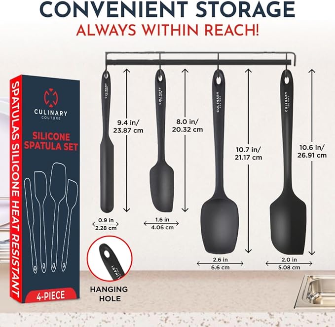 Culinary Couture 4-Piece Black Baking Spatula Set - Rubber Spatulas Silicone Heat Resistant, BPA-Free - Spatula Set for Nonstick Cookware - Silicone Baking Utensils