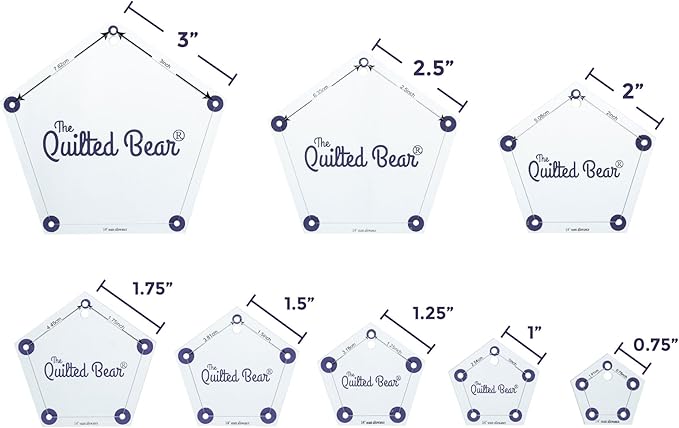 The Quilted Bear Pentagon Quilting Templates – 8 Clear Non-Slip Acrylic Quilt Templates for Precise Fabric Cutting & Stress-Free Machine Quilting - Ideal for Quilt & Sewing Supplies (¾–3")