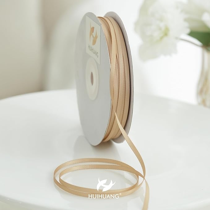 HUIHUANG Champagne Satin Ribbon 1/8 inch x Continuous 100 Yards Roll Tan Color Double Face Ribbon for Crafts, Wedding Invitation Card, Gift Wrapping, Christmas Ornaments, Gift Tag