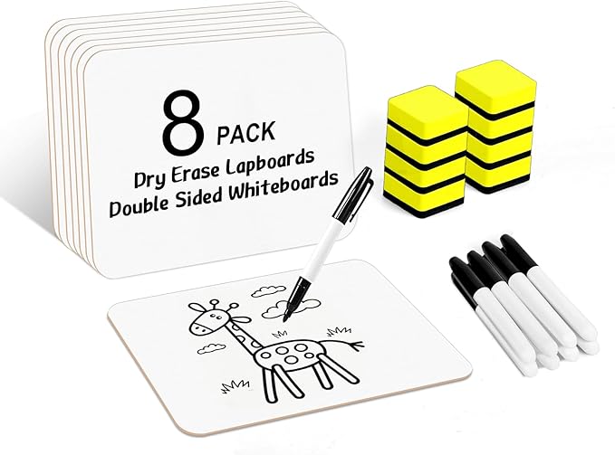 Dry Erase Lapboards, HERKKA 8 Pack Double Sided Dry Erase Lap Boards 9 x 12.5 Inch, 8 Markers, 8 Erasers, Small Dry Erase Boards for Classroom Supplies