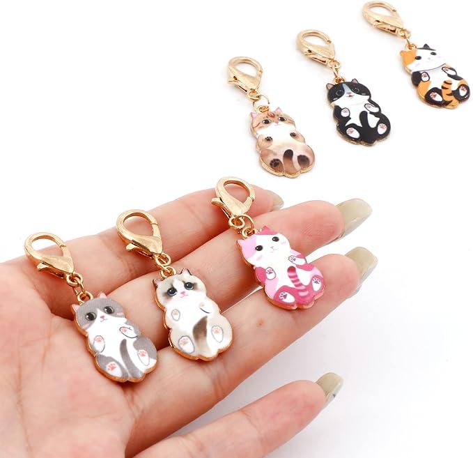 DoreenBeads 6Pcs Cat Stitch Marker Charms for Crocheting and Knitting, Locking Alloy Enamel Crochet Stitch Marker with Lobster Clasp Knitting Crocheting Accessories Gold