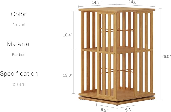 YOWOS Rotating Bookshelf Tower, 360 Display Spinning Bookcase, Bamboo Bookshelf Floor Standing Storage Rack, Wood Narrow Book Shelf Organizer for Kids&Adults (Nature, 2 Tier)